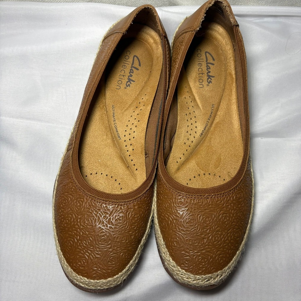 Clarks Elaina Rae Tan Leather Ballet Flats Floral Embossed Espadrille Size 7 - Picture 10 of 11
